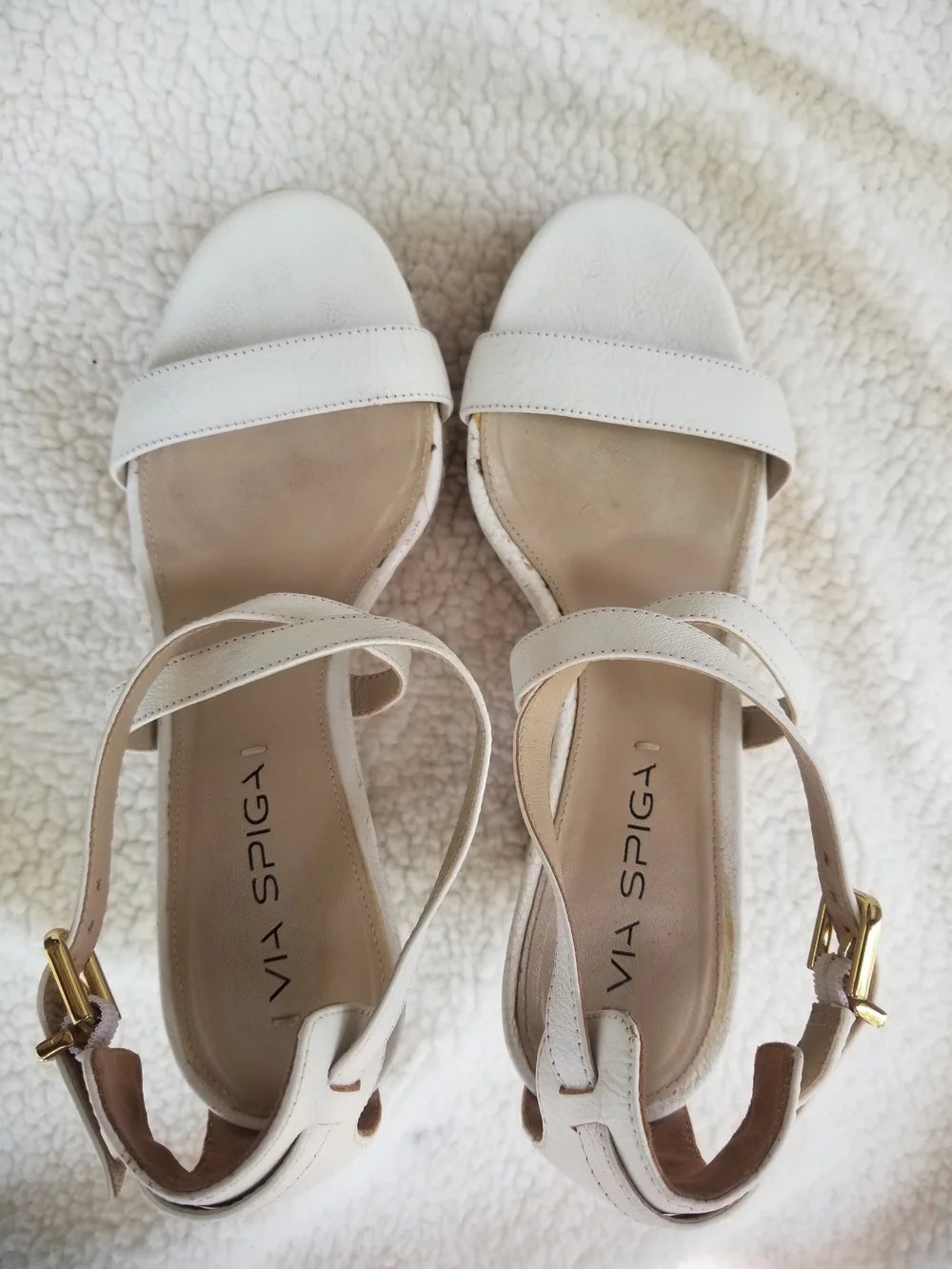 Via Spiga White Wedge Sandals with Gold Stud Trim